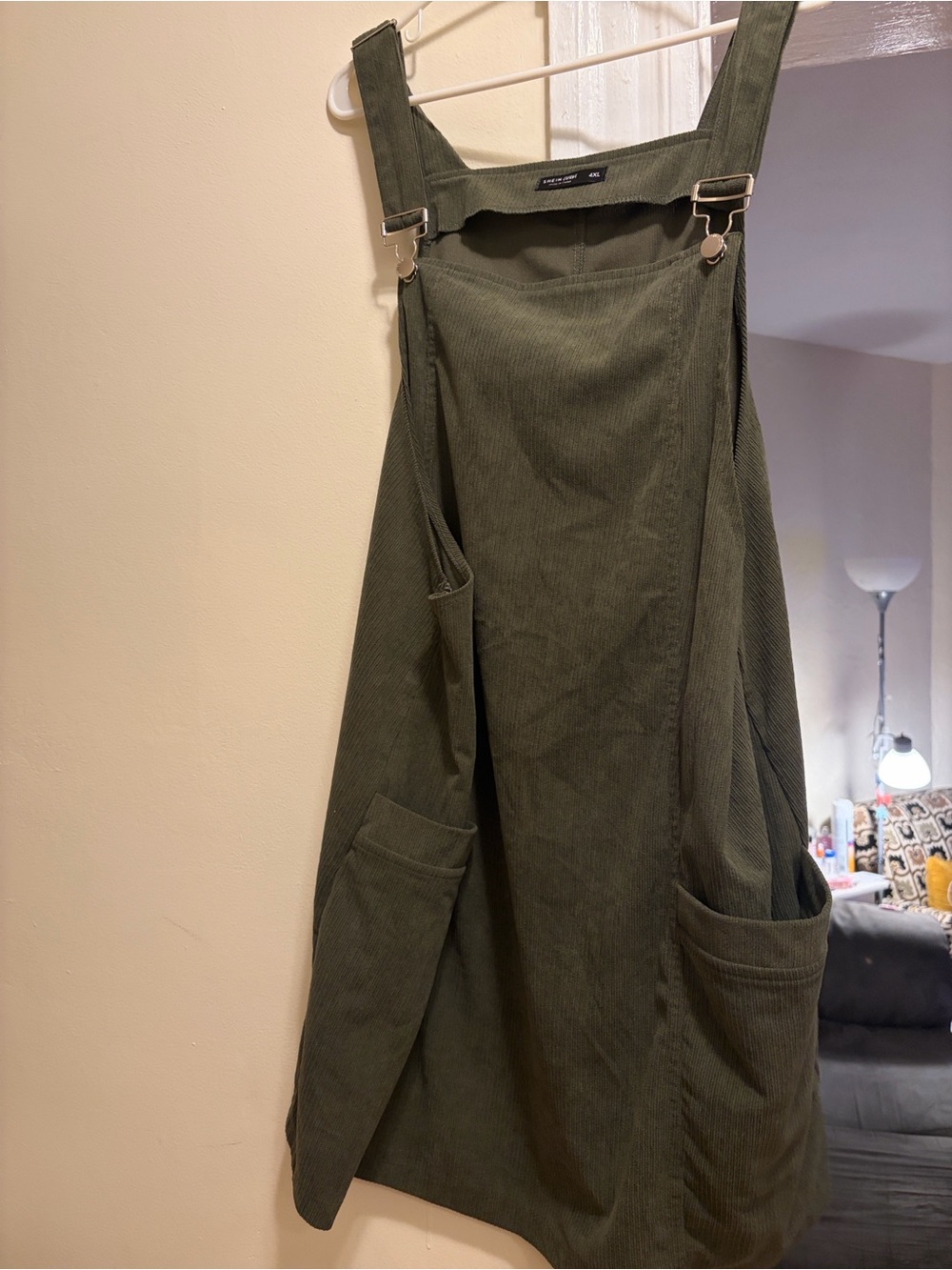 SHEIN Olive Green Corduroy Pinafore Midi Dress with Pockets